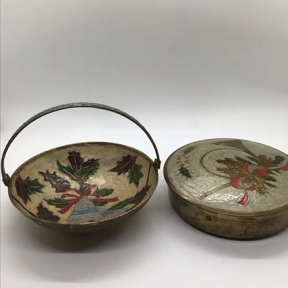 Brass Painted Basket and Lidded Box with Holiday Design